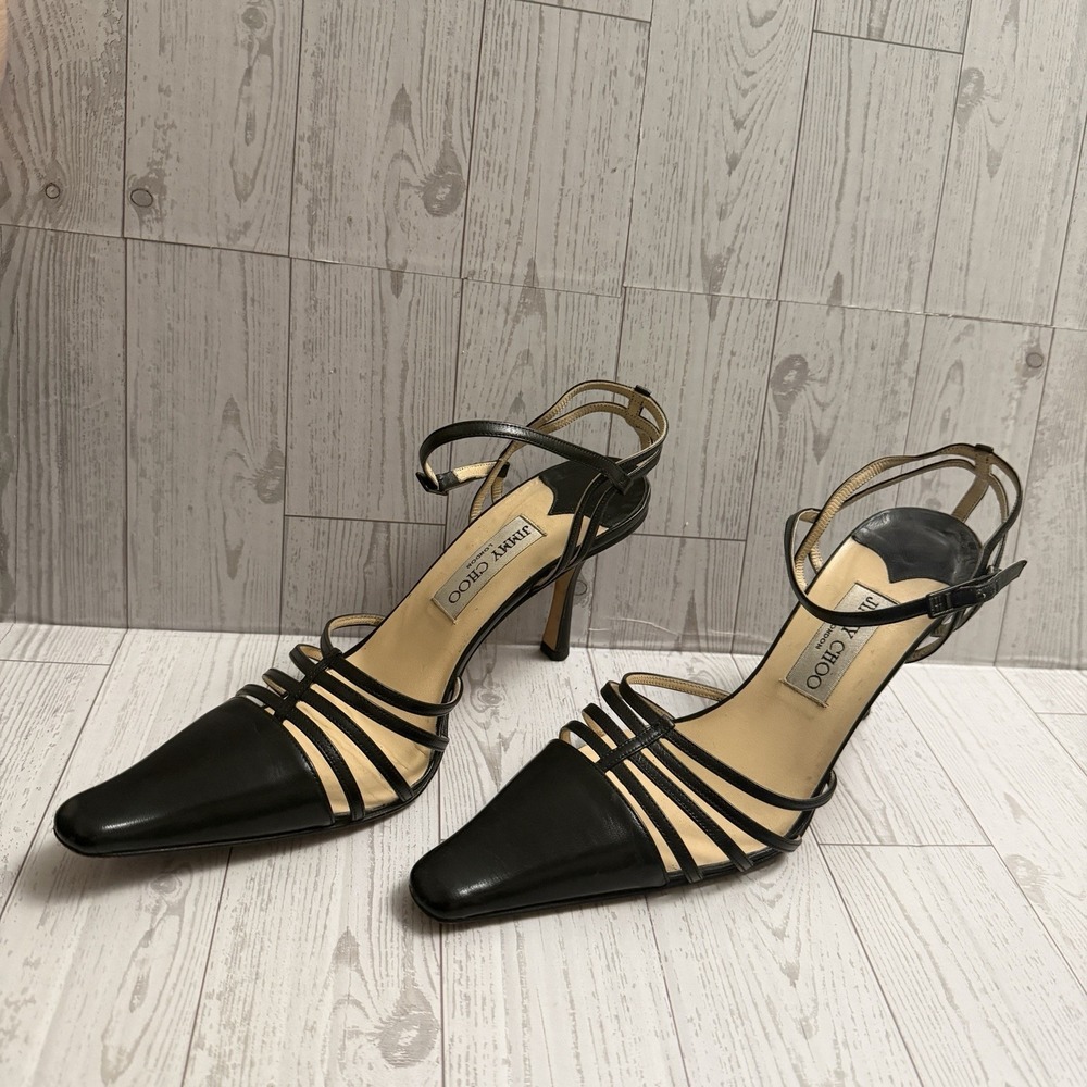 00s Y2k‎ JIMMY CHOO Black Strappy Cut Out Pointed Toe Stiletto Heeled Shoes 38.5